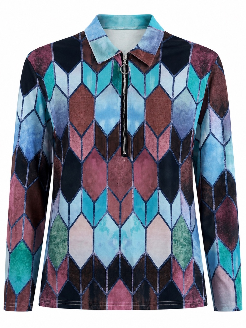 Geometric Print Long Sleeve Quarter-Zip Top With Ring Pull For Women